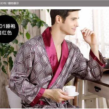 Kimono vyrų 5XL 4XL Namų Šilko Chalatą Minkštas jaukus ilgomis rankovėmis Vonia Suknelė Spausdinti Geometrinis Rūbeliai V-kaklo Satino Sleepwear Pižamą
