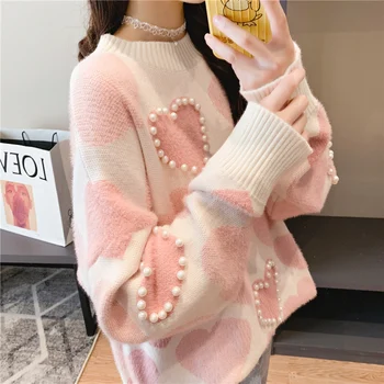 Naujas atvykimo 2020 m. rudenį korėjos elegantiškas Širdies formos desgin Megztinis ilgomis rankovėmis Puloveriai Moterų Mados Duobute megztiniai Megztinis Viršų