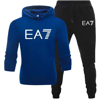 Naujas EA7 Sporto Vyrų Hoodie + Kelnės Rinkinys 2 vnt Rudenį Veikia Sportinė apranga Sportiniai Marškinėliai Nustatyti Treniruotės Drabužiai, vyriški Sportiniai Kostiumas