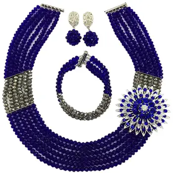 Mados Royal Blue Sidabro Granulių Kelių Sruogų Karoliai Nigerijos Vestuvių Afrikos Karoliukai Papuošalų Rinkinys Kristalas 6-SS32
