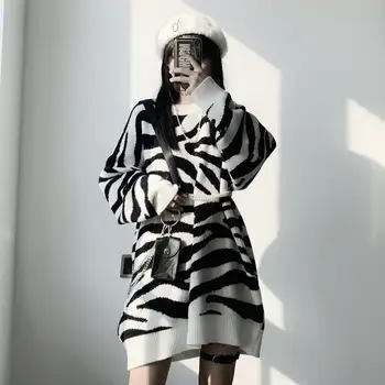 Moteriški Megztiniai Harajuku Negabaritinių Ilgomis Rankovėmis Puloveriai Atsitiktinis Mezgimo Rudenį Zebra Modelis Bf Pora Korėjos Retro Stiliaus Banga