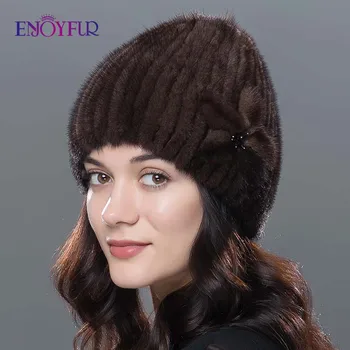 ENJOYFUR Moterų žiemos kailiniai skrybėlės nekilnojamojo audinės kailio kepurę storas šiltas mados megzti kailio beanies moterų geros kokybės kailio kepurė