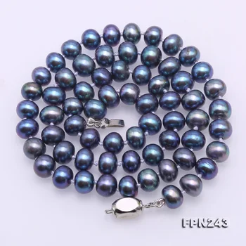 Unikalus Perlų papuošalų Parduotuvė Peacock Blue AA 7-7.5 MM Butas Apvalių Gėlavandenių Perlų Vėrinį 45cm Sidabro Užsegimas