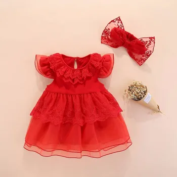 Naujagimio mergina vasaros suknelės+kaspinai 0 1 metų gėlių raudonos nėrinių princesė dress gimtadienio kūdikių drabužiai vestido infantil