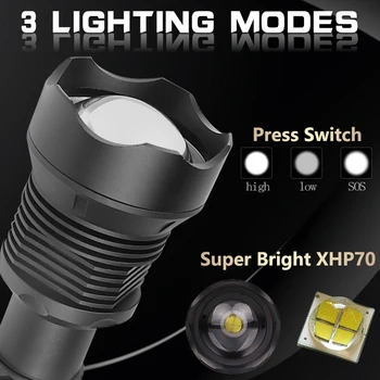 Galingas LED Taktinis Žibintuvėlis XLamp xhp70.2 xhp50 USB Įkrovimo Super Šviesus Zoomable Fakelas, Kempingas