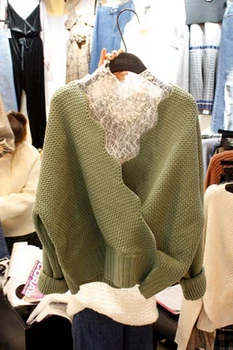 Korėjos Naujas Stilius Rudens ir Žiemos Nėrinių V Kaklo Dugno Marškinėliai + Megzti Megztinis Dviejų dalių Rinkinys Moterims