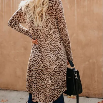 Moterų Boho Atsitiktinis Marškinėliai Laisvi Atidaryti Dygsnio Ilgio Rankovėmis Megztinis Leopard Print Plus Size Palaidinė Vasarą, Rudenį Ponios Atostogų Marškinėliai