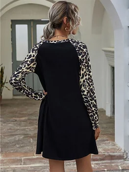 Leopard Kišenėje Suknelė Moterims ilgomis Rankovėmis Prarasti Suknelės Raglan Rankovėmis Mini Suknelė O-kaklo Pavasarį, Rudenį Homewear Atsitiktinis Juoda Suknelė