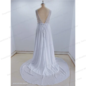 Vestuvinė Suknelė Boho V-Kaklo, Minkštas Šifono Ir Nėrinių Bohemijos Vestuvinės Suknelės 2021 Trumpas Rankovės Grindų Ilgio Paplūdimys Paprastas Baltas Elegantiškas