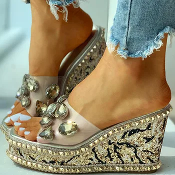 Doratasia prekės ženklo dizainas kristalai, kniedės aišku, platforma, kulniukai laisvalaikio šlepetės pleištai sandalai moterims vasaros batų moterys