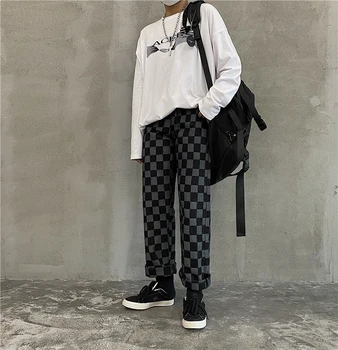 Harajuku Kelnės Moterims 2021 Džinsai Moteris Streetwear Languotas Korėjos Stiliaus, Tiesios Plačios Kojos Džinsai Pledas Tiesios Kelnės