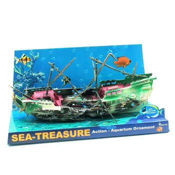 LeChong Akvariumo žuvų bako apdailos dervos piratų laivas senovės sudužimas deguonies skatinančių žaislų žuvų ir krevečių paslėptas grotto