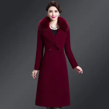 Naujas 2018 Moterų Ilgas Vilnos Kailis Mados Dirbtiniais Kailiais Apykaklės Kietas Aukštos kokybės Moteriški Žieminiai Paltai Didelis Dydis Išlaikyti Šiltas Vilnonis Paltas