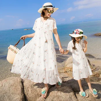 Motina dukra princess beach gėlių suknelės, vestuvių drabužiai balti bohemijos nėriniai stilius mamytė ir man suknelės, pavyzdžiui, sesuo