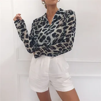 Šifono Palaidinė Ilgomis Rankovėmis Seksualus Leopardas Spausdinti Palaidinė Ruožtu 2019 M. Rudenį Lady Office Marškinėliai Tunika Atsitiktinis Palaidų Viršūnes Plius Dydis Blusas