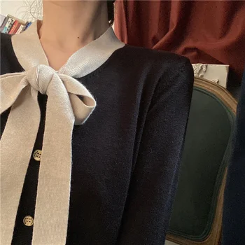 Moterų Megztinis Elegantiškas korėjos Prašmatnus Rudenį Kontrastingos Spalvos Nėrinių-up Lankas Prarasti Lieknėjimo ilgomis Rankovėmis susagstomi megztiniai