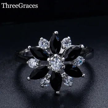 ThreeGraces Naujų Dizainerių Austrijos Kristalų Ponios Šaliai, Papuošalai, Sidabro Spalvos Apvalios Gėlių Formos Juodasis Akmuo Žiedai RG072