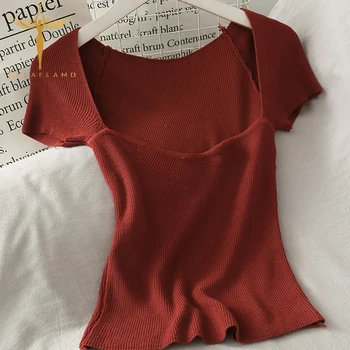 Viršūnės Moterų 2020 Trumpas Rankovės Trumpos Marškinėlius Atsitiktinis Vientisos Spalvos Apkarpytos Tee Korėjos Knited Liesas, Plonas Viršūnes Camiseta Mujer