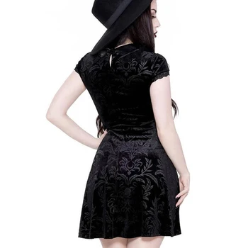 InsGoth Seksualus Tuščiaviduriai Iš Juodos Spalvos Gotikos Suknelė Spausdinti Nėrinių Trumpas Rankovės Aksomo Mini Suknelė Harajuku Streetwear Derliaus Plisuotos Suknelės
