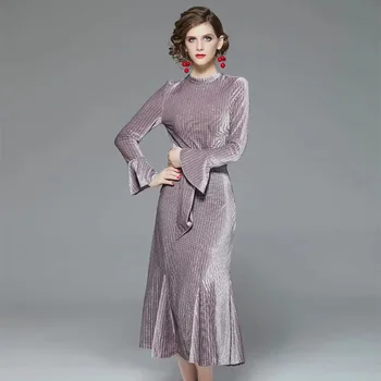 2020 m. pavasarį ir rudenį moterų suknelė naują kokybės trimitas rankovėmis vidutinio ilgio aksomo juostele juosmens prigludusios slidinėti suknelės