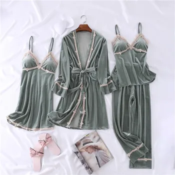 Sexy Lady, Chalatas Kimono Suknelė Sleepwear Veliūras 4PCS Nighty&Skraiste Tiktų Namų Drabužių Rudens Naujus Velvet Pižamą naktiniai drabužiai