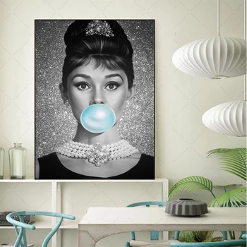 MUTU Tapybos Drobės Spausdina Audrey Hepburn Smūgis mėlyna burbuliukai Cituoja 