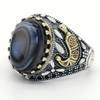 Karšto pardavimo 925 sterlingas sidabro žiedas turkijos papuošalų akis agato akmens žiedas, skaidrus, juoda spinel vyrų žiedas didelis papuošalai