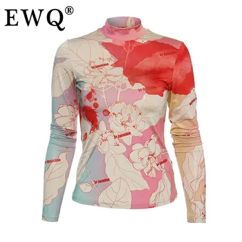 EWQ Moterų Plonas Raudonas Modelis Atspausdintas Temperamentas T-shirt Naujas Golfo ilgomis Rankovėmis Mados Banga Pavasario pavasario 2021 1DA398