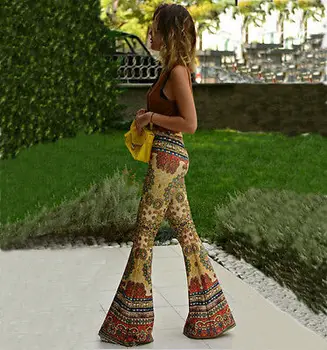 Vasaros moterų kelnės Atsitiktinis Aukšto Juosmens Blyksnius Pločio Kojų Ilgas Kelnes Palazzo Kelnės Plius Dydis gėlių klasikinis exuma ziajać preppy
