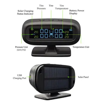 Automobilių PSSS Saulės Padangų Slėgio Stebėjimo Sistema, Skaitmeninis Matuoklis Saulės Energijos Įkrovimo Padangų Slėgio Su LCD Spalvotas Ekranas