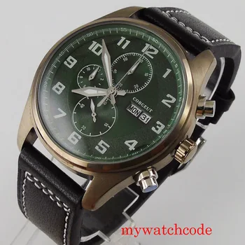 42mm corgeut žalia dial chronograph kvarcas judėjimas vyrų laikrodis bronzos padengtą atveju, dieną, savaitę funkcija kvarco mens watch
