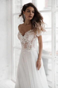 Žavinga Vestuvių Suknelė Nuo Peties Appliqued Nuotakos Suknelės Linijos, Elegantiškas Nėrinių Vestuvės, Vestuvinės Suknelės 2021 Vestido De Noiva