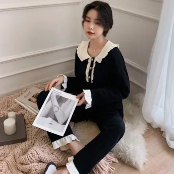 Pajama Komplektai Moterų Kratinys Mygtuką Lėlės Apykaklės Viršūnes Raukiniai Manžetai Medvilnės Du Gabalus Korėjos Stiliaus Madinga Prašmatnus Draugės Lounge