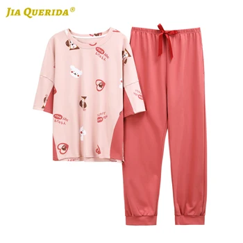 Naujas Įgulos Kaklo Loungewear Moterims Moteriški Naktiniai Marškiniai, Pižamos Homeclothes Pižama Nustatyti Animacinių Filmų Spausdinimo Trumpas Rankovės Ilgos Kelnės Homesuit Pj Rinkinys