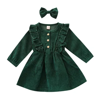 Baby Girl Dress, Aukštos juosmens Midi, ilgomis Rankovėmis Apvalios Apykaklės Pynimas Mygtukai Princesė Plisuotos Rudenį Sijonas Lankelis 1-5 Metų