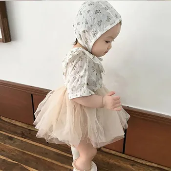 Pietų Korėja Vasaros Baby Princess Trumpas Rankovės Bodysuit Suknelė Moterų Lobis Lotus Lapų Apykaklės Pompastiški Gazas Suknelė, Skrybėlė