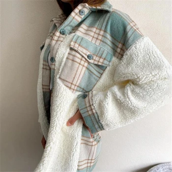 YHLZBNH Rudens Žiemos Moterys Vintage Marškinėliai Pledas Marškiniai Kišenės ilgomis Rankovėmis Turn-Žemyn Apykaklės Storio Palaidinė Atsitiktinis Šiltas Outwear