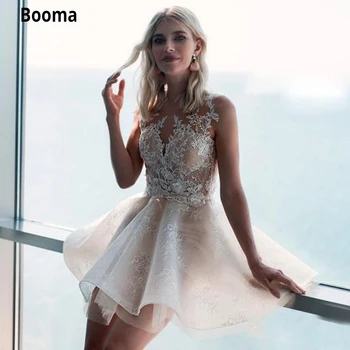 Booma Mini Trumpas Šampano Vestuvių Suknelės, Nėriniai Appliqued Rankovių Vien Brangakmenis Kaklo iliuzija Paplūdimio Boho Vestuvių Vestuvinės Suknelės