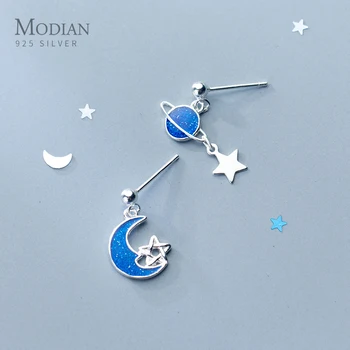 Modian 925 Sterlingas Sidabro Galaxy Žvaigždžių Tabaluoti Auskarai Moterims Blue Moon Planet Sūpynės Bižuterijos Žavesio Lašas Auskarai Dovana