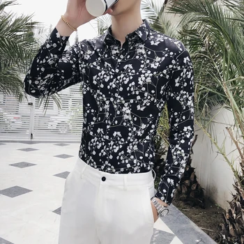 NAUJAS 2019 Havajų Marškinėliai Vyrų Slim Fit Marškinėliai ilgomis Rankovėmis Marškinėliai Mados Gėlių Spausdinti Atsitiktinis Suknelė Marškiniai Streetwear Camisa