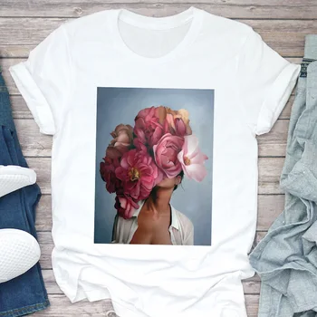Senovinių Gėlių, Plunksnų Print T Shirt Gotikos Apvalios Kaklo trumpomis Rankovėmis Atsitiktinis Viršūnės T-shirt Moterims, Naujų 2020 m. Harajuku Baltos spalvos Marškinėlius