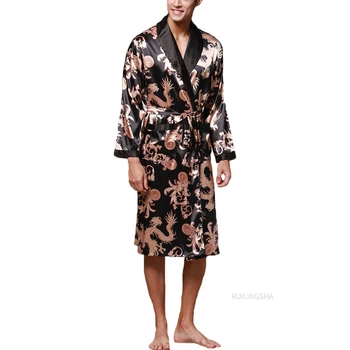 Stilingi vyriški Chalatas Šilko Kimono ilgomis Rankovėmis Chalatas, Kinijos Laimingas Drakonas Spausdinti Pižama Vyrams Suknelė Chalatas Vyrams Homewear Masculina