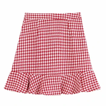 2019 Moterų high street raudonas pledas houndstooth spausdinti ruffles hem mini sijonas faldas mujer ponios vieną mygtukai prašmatnus sijonai QUN409