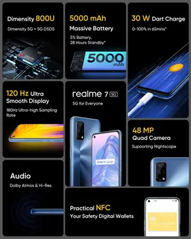 Naujausias Realme7 5G Pasaulio Versija 6GB+128GB Fullscreen 120Hz Ekranas 5000mAh 30W Lėkti Mokestis 48MP Kamera Smartphone