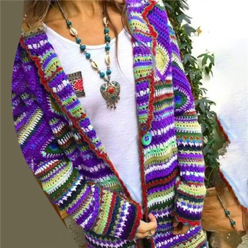 Rudenį Džemperis Moterims Ilgomis Rankovėmis Kratinys Megzti Atviras Priekis Rainbow Dryžuotas Megztinis Moterims Kailis Sueter Mujer Invierno