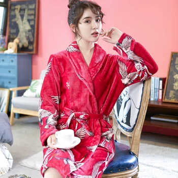 Moterų Sleepwear Chalatas Kimono Suknelė Lady Žiemą Šiltas Koralų Vilnos Naktiniai Drabužiai Namų Cothing Flanelė Ilgomis Rankovėmis Homewear Nightdress