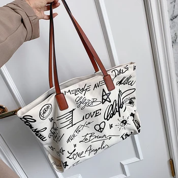 Vasaros didelės talpos moterų maišas 2020 naujas mados grafiti drobės nešiojamų Vienos Pečių Nešti Maišą Pirkinių Krepšys