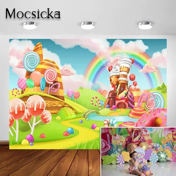 Mocsicka Candyland Fotografijos Fonas Vaivorykštė Saldainiai Pilis, Vaikas, Vaikų Gimtadienio Dekoracijos Fone fotostudija