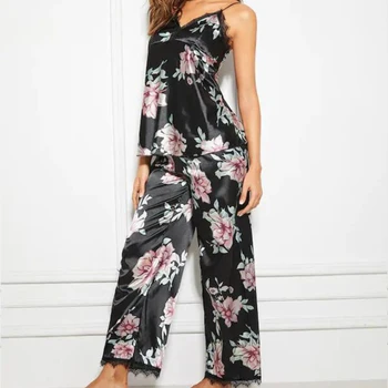 Naujas Moterų Atlasas Sleepwear Tiktų Pavasarį Nėrinių Apdaila Pajama Pyjama Print Gėlių naktiniai drabužiai Atsitiktinis Namų Drabužiai, apatinis Trikotažas Kostiumas S-XL