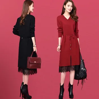 Juoda raudona suknelė žiemą, rudenį, elegantiškas nėrinių midi office atsitiktinis megzti vestidos elegantes vestido preto de renda suknelės aprengti